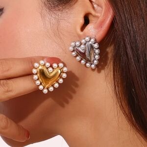 Modern heart earrings with artificial pearls, stainless steel, Silver